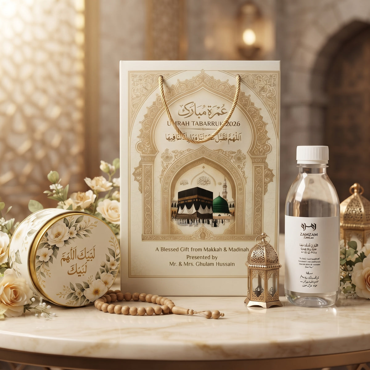 Exclusive Umrah Return Gift Hamper with Bag, Tin & Bottle