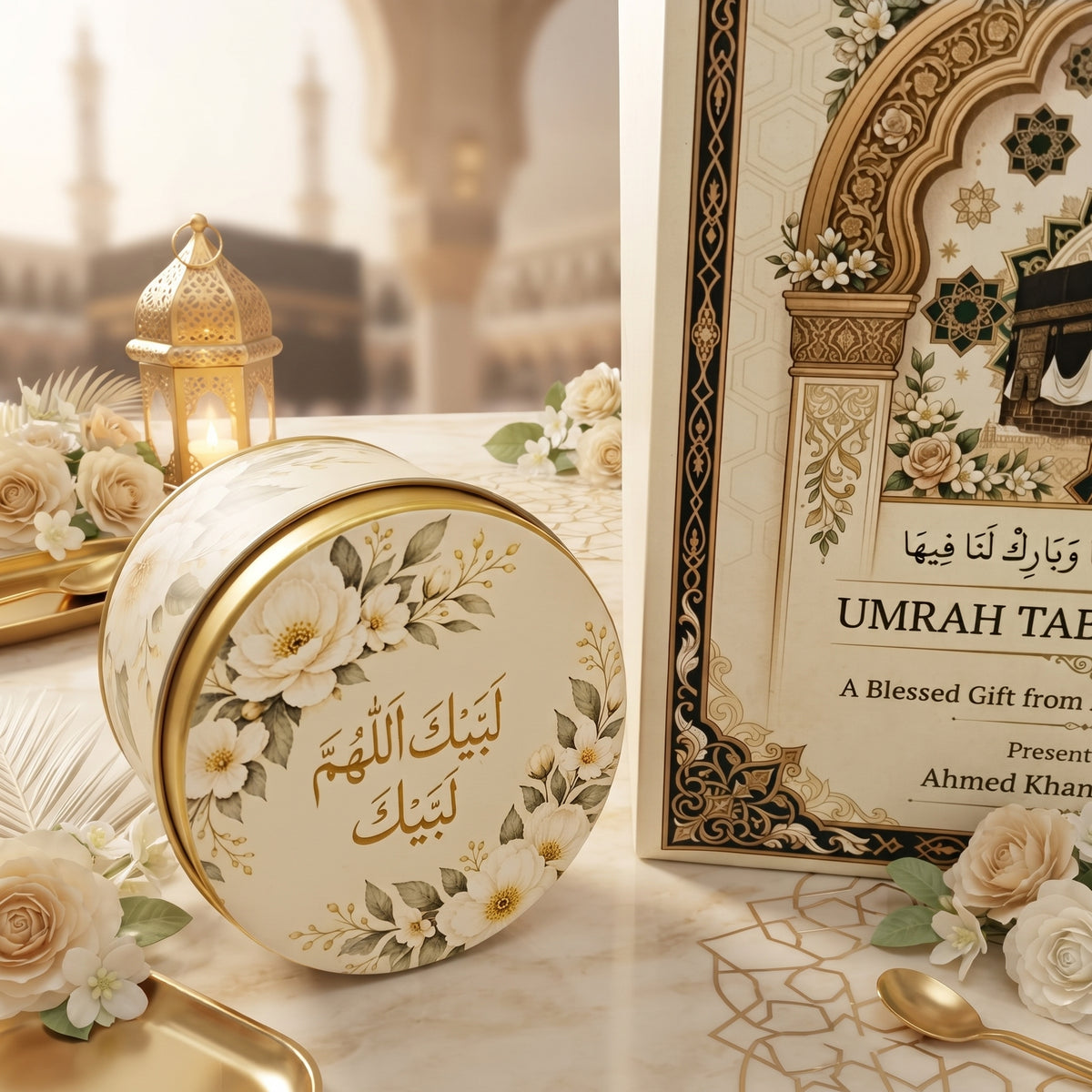 Premium Umrah Tabarruk Tin Box – 3-Inch Diameter
