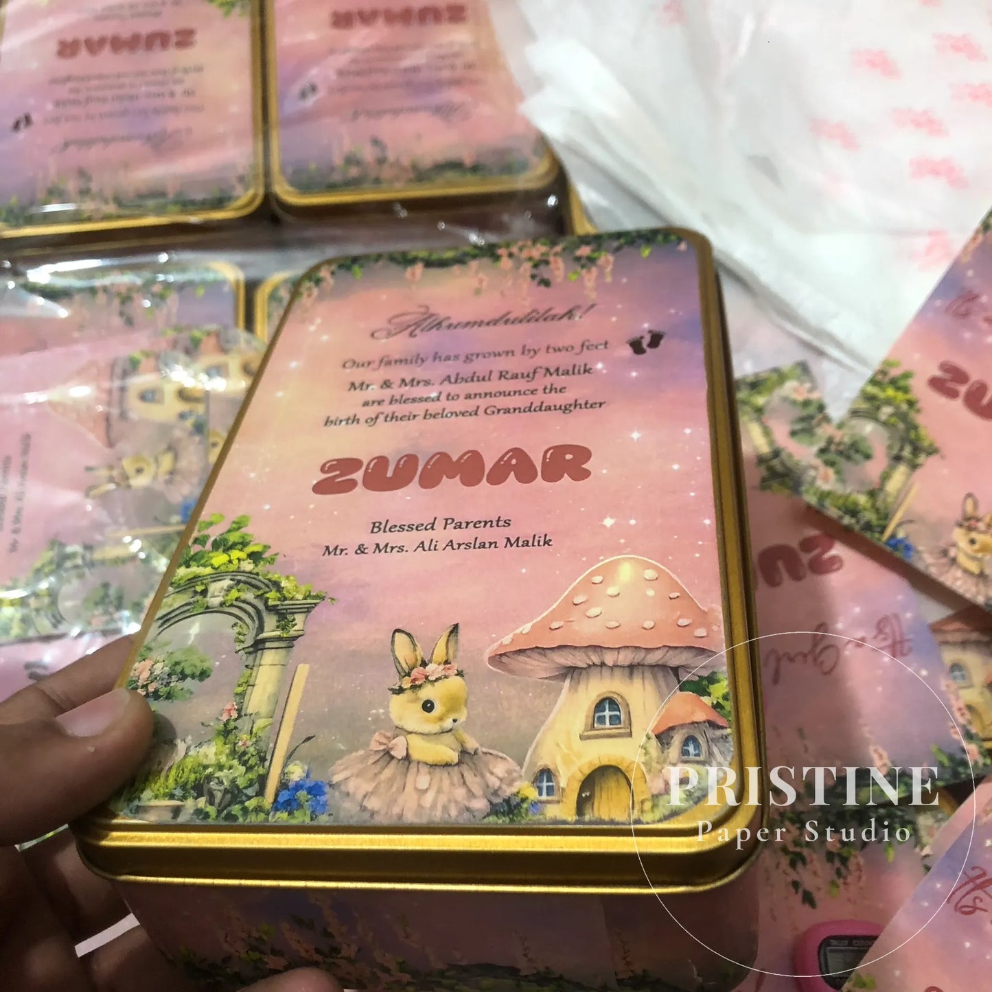 Luxury Baby Birth Announcement Gift Bag Set – Half Kg Sweet Tin Box, Printed Butter Paper, Tasbeeh Counter & Yaseen Shareef | BB-001