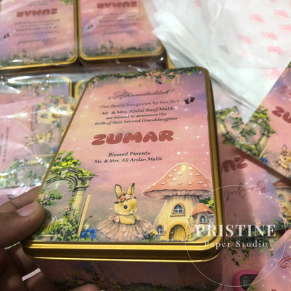 Luxury Baby Birth Announcement Gift Bag Set – Half Kg Sweet Tin Box, Printed Butter Paper, Tasbeeh Counter & Yaseen Shareef | BB-001