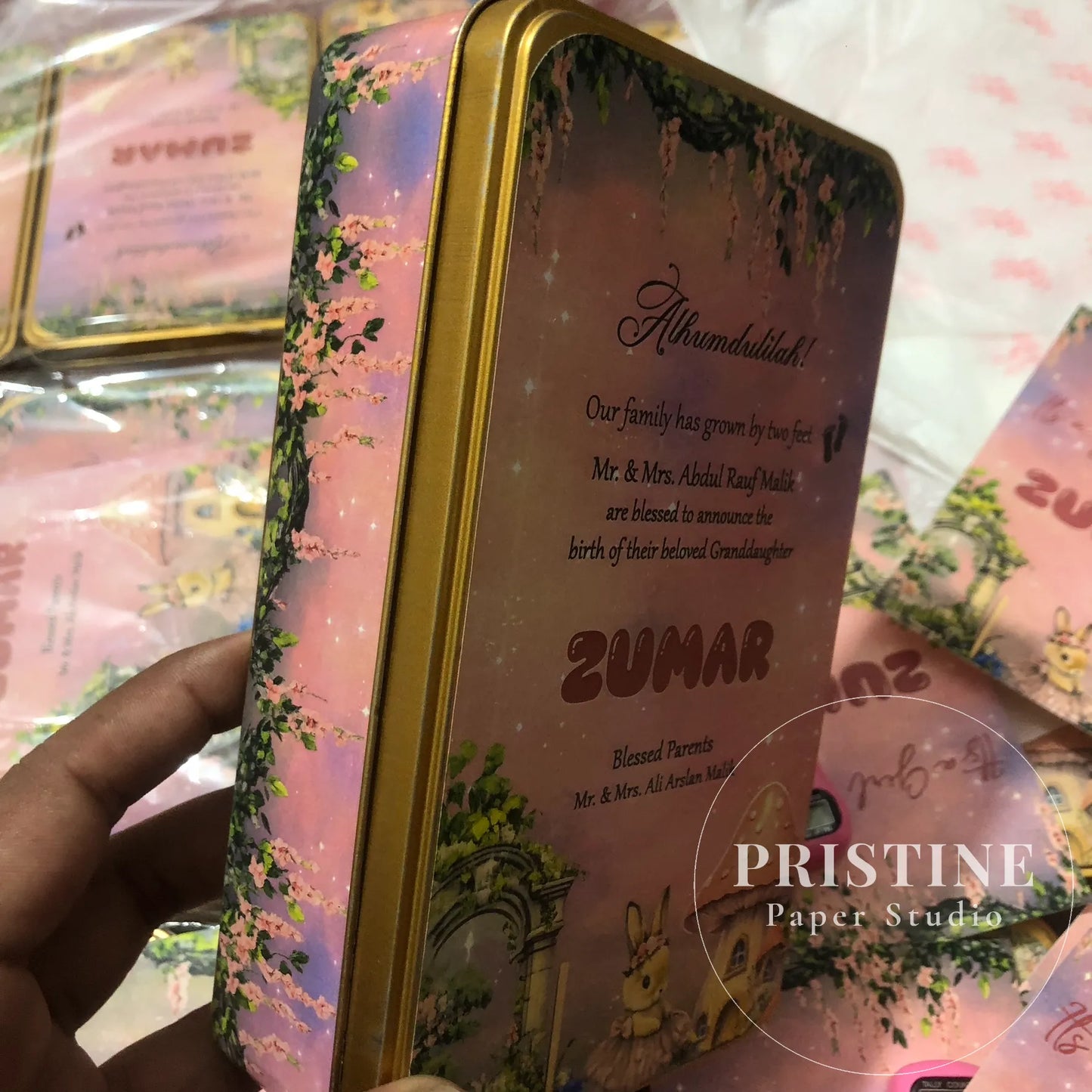 Luxury Baby Birth Announcement Gift Bag Set – Half Kg Sweet Tin Box, Printed Butter Paper, Tasbeeh Counter & Yaseen Shareef | BB-001