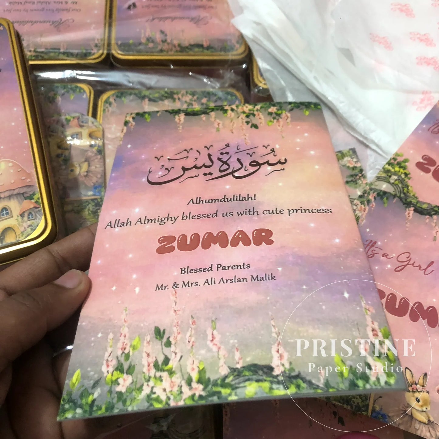 Luxury Baby Birth Announcement Gift Bag Set – Half Kg Sweet Tin Box, Printed Butter Paper, Tasbeeh Counter & Yaseen Shareef | BB-001