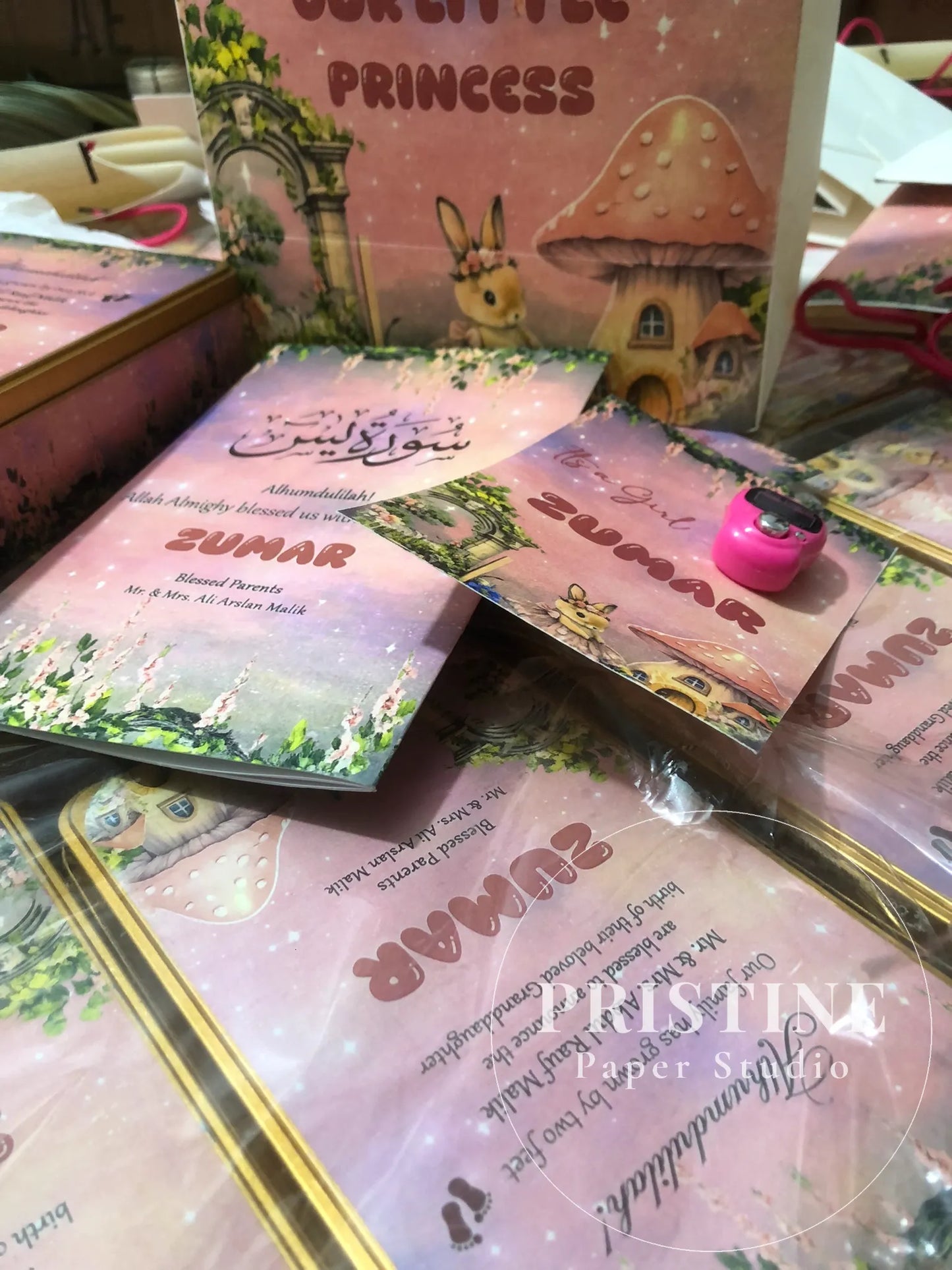Luxury Baby Birth Announcement Gift Bag Set – Half Kg Sweet Tin Box, Printed Butter Paper, Tasbeeh Counter & Yaseen Shareef | BB-001