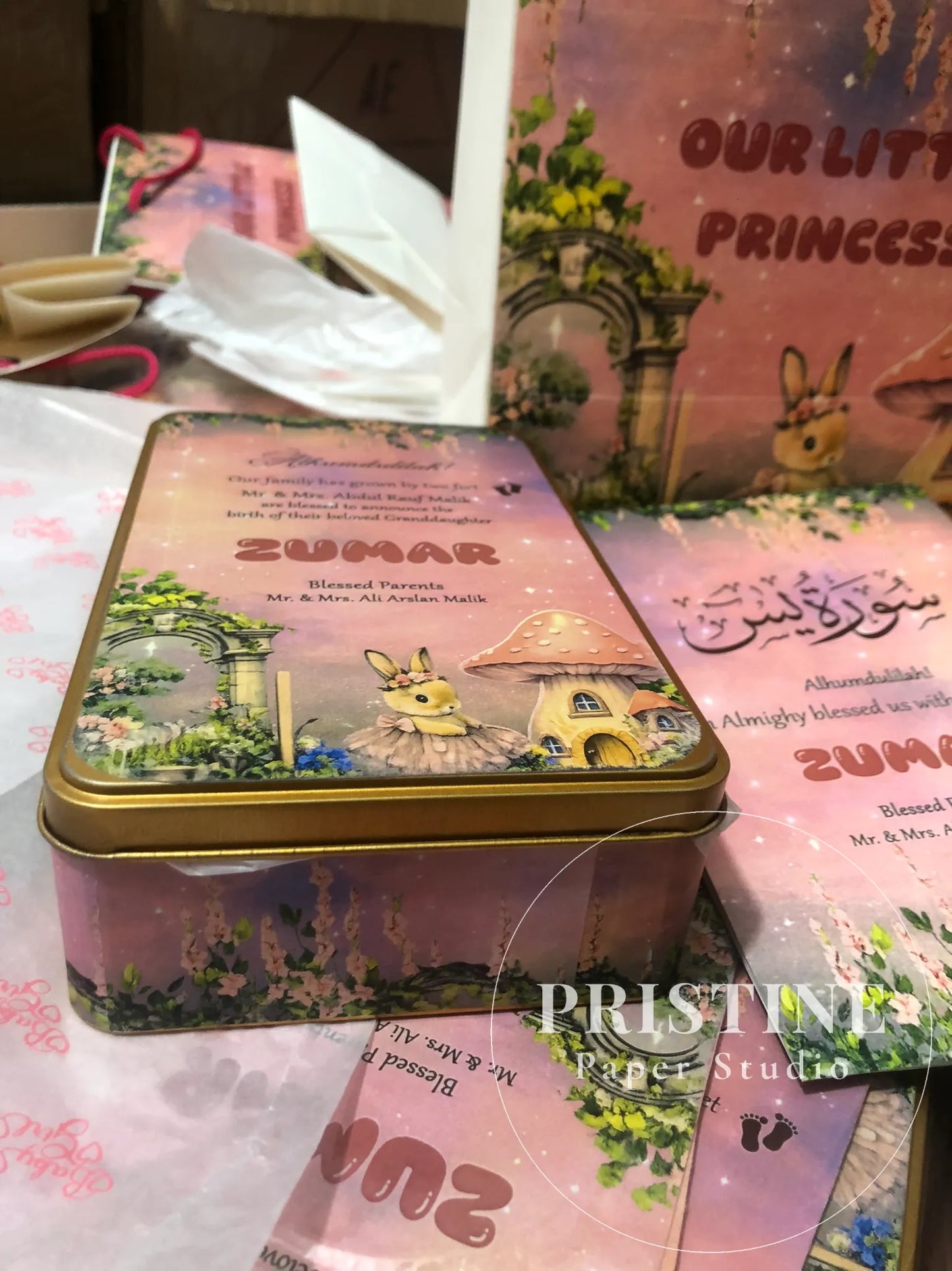 Luxury Baby Birth Announcement Gift Bag Set – Half Kg Sweet Tin Box, Printed Butter Paper, Tasbeeh Counter & Yaseen Shareef | BB-001