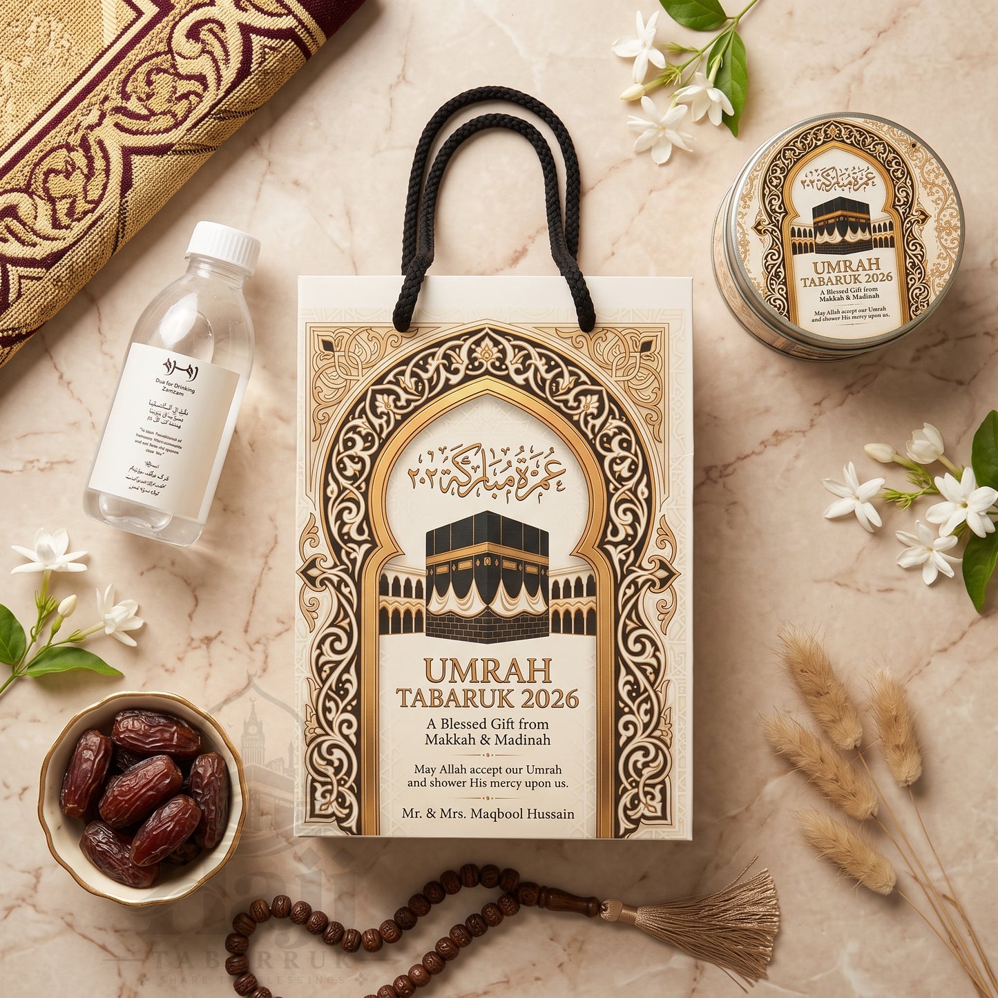 Personalized Umrah Favor Package – Elegant Tabarruk Gift for Guests | UT - 006