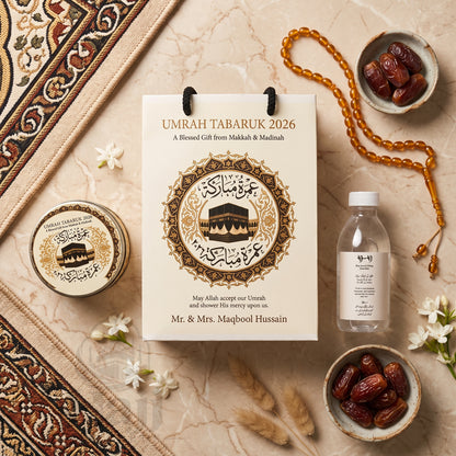 Elegant Custom Umrah Tabarruk Favor – Personalized Islamic Gift | UT - 007