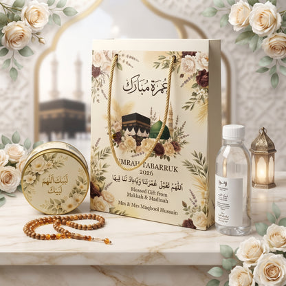 Luxury Umrah Tabarruk Set – Bag, Tin Box & 120 ml Bottle