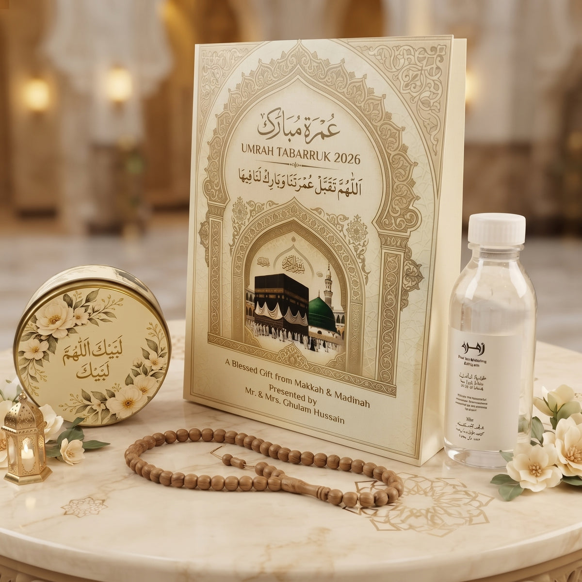 Exclusive Umrah Return Gift Hamper with Bag, Tin & Bottle