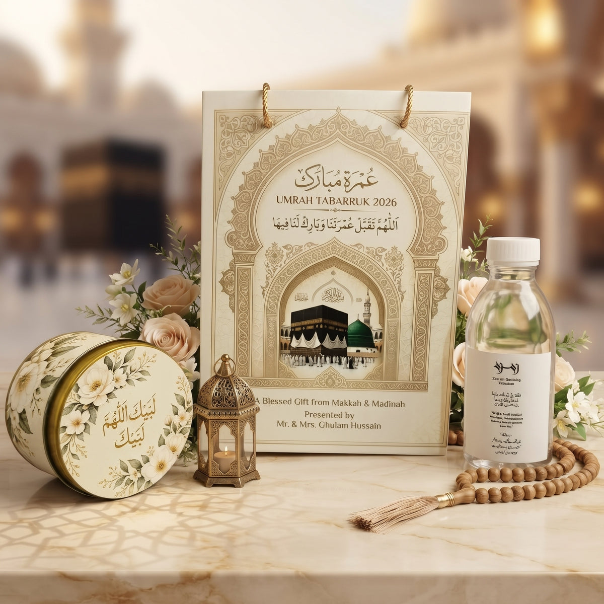 Exclusive Umrah Return Gift Hamper with Bag, Tin & Bottle