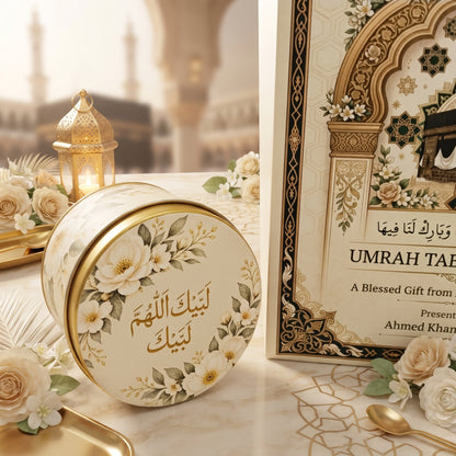 Premium Umrah Tabarruk Tin Box – 3-Inch Diameter